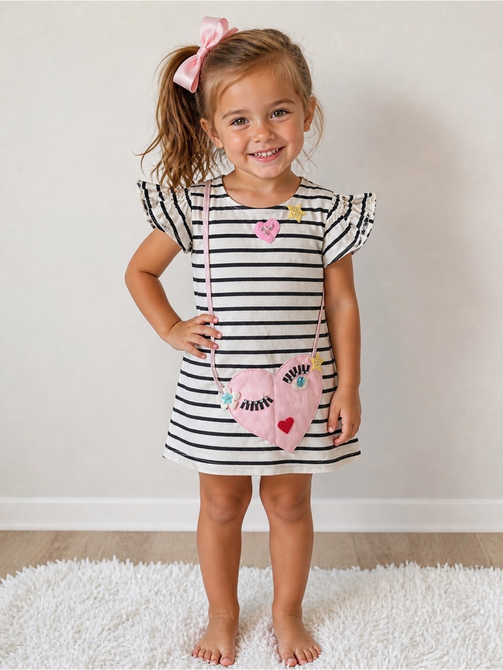 BISCOTTI Black-and-White Striped Dress with Pink Heart Purse Appliqué SIZE 4 🩷